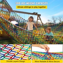 VEVOR Climbing Cargo Net, 4.5 x 3.2 m Playground Climbing Cargo Net, Polyester Double Layers Cargo Net Climbing Outdoor with 500lbs Weight Capacity, Rope Bridge Net for Tree House, Monkey Bar, Rain