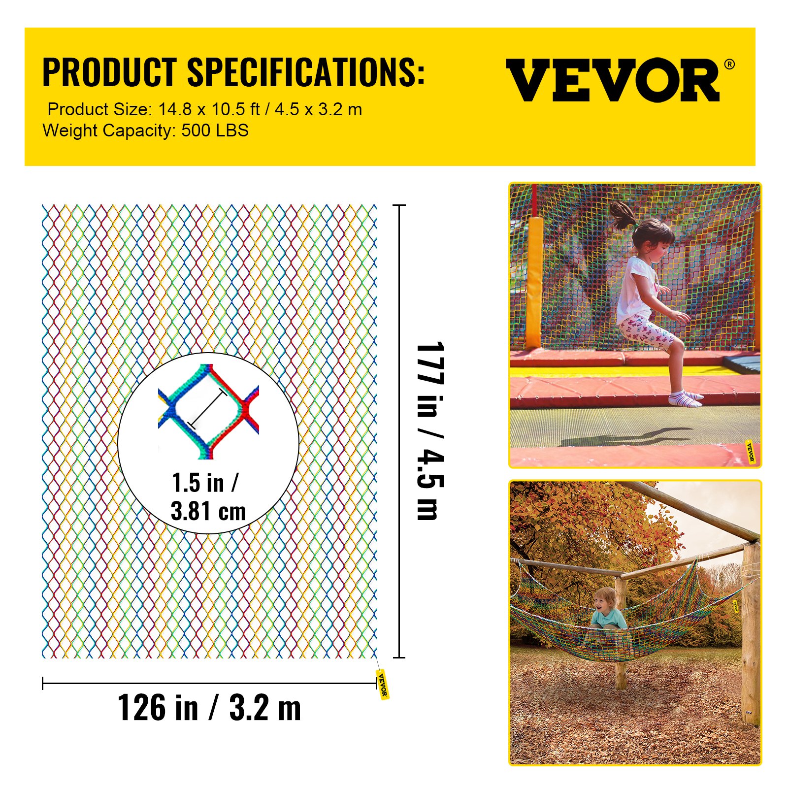 VEVOR Climbing Cargo Net, 4.5 x 3.2 m Playground Climbing Cargo Net, Polyester Double Layers Cargo Net Climbing Outdoor with 500lbs Weight Capacity, Rope Bridge Net for Tree House, Monkey Bar, Rain