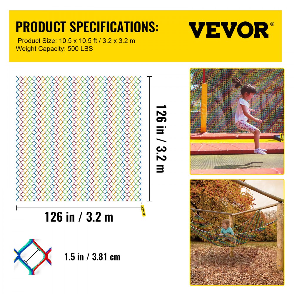 VEVOR Climbing Cargo Net, 10.5 x 10.5 ft Playground Climbing Cargo Net, Polyester Double Layers Cargo Net Climbing Outdoor w/500lbs Weight Capacity, Rope Bridge Net for Tree House, Monkey Bar, Rainbow