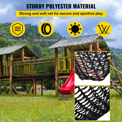 VEVOR Climbing Cargo Net, 6.6 x 10.5 ft Playground Climbing Cargo Net, Polyester Double Layers Cargo Net Climbing Outdoor w/ 500lbs Weight Capacity, Rope Bridge Net for Tree House, Monkey Bar, Black