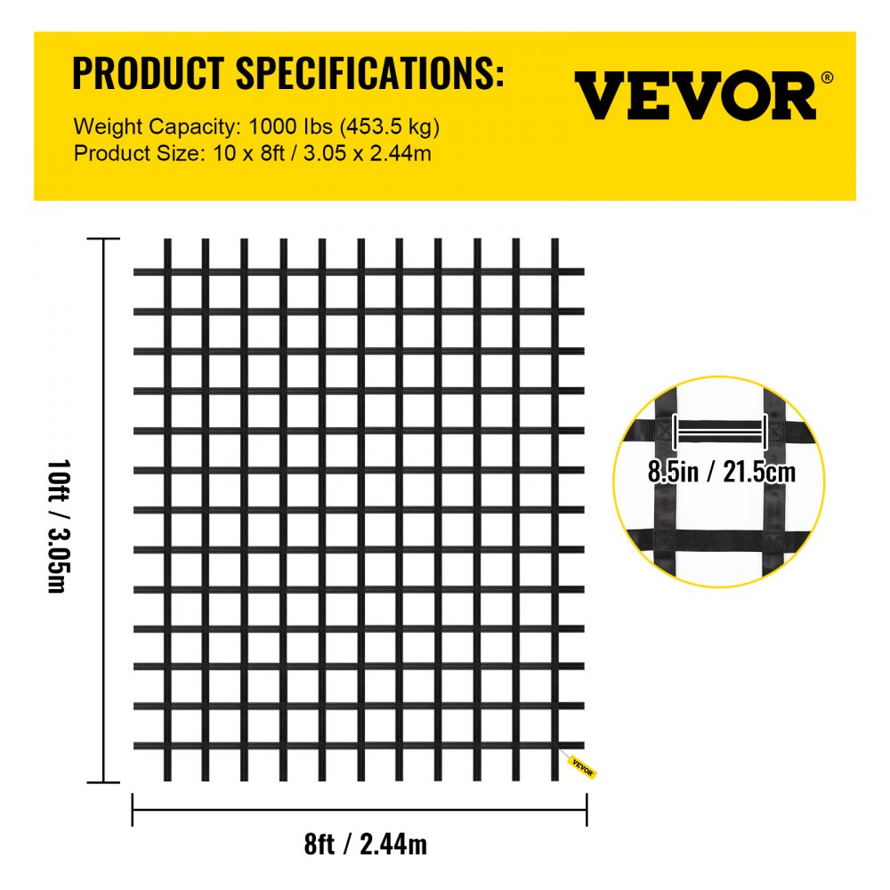 VEVOR Climbing Cargo Net, 10' x 8' Polyester Material, Playground Climbing Net Rope Ladder, Swingset, Large Military Climbing Cargo Net, for Kids and Adult, Indoor and Outdoor, Treehouse, Jungle Gyms