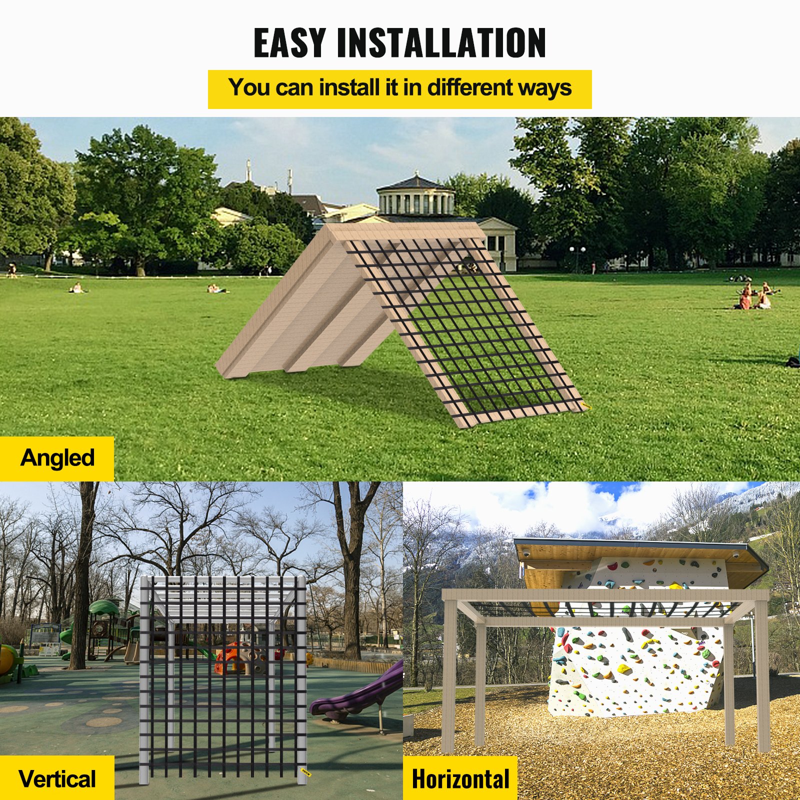 VEVOR Climbing Cargo Net, 10' x 8' Polyester Material, Playground Climbing Net Rope Ladder, Swingset, Large Military Climbing Cargo Net, for Kids and Adult, Indoor and Outdoor, Treehouse, Jungle Gyms