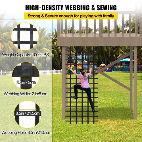 VEVOR Climbing Cargo Net, 12' x 4' Playground Climbing Net, Polyester Material, Rope Ladder, Swingset, Large Military Climbing Cargo Net for Kids & Adult, Indoor & Outdoor, Treehouse, Jungle Gyms