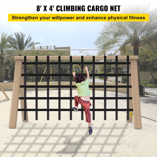 VEVOR Climbing Cargo Net, 8' x 4' Playground Climbing Net, Polyester Material, Rope Ladder, Swingset, Large Military Climbing Cargo Net for Kids & Adult, Indoor & Outdoor, Treehouse, Jungle Gym, Black