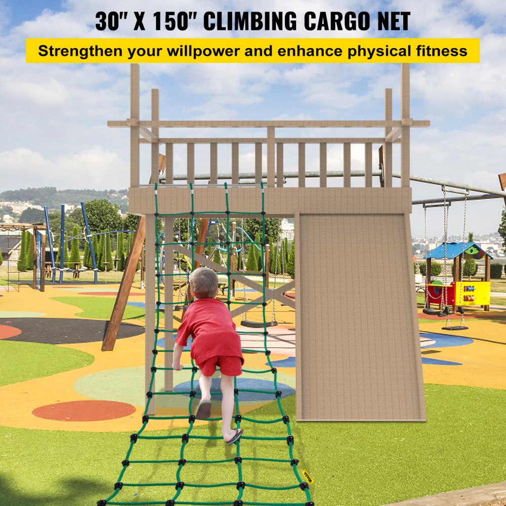 VEVOR Climbing Cargo Net, 30" x 150" Climbing Net, Polyester Playground Climbing Cargo Net, Rope Ladder, Swingset, Large Military Climbing Cargo Net for Kid & Adult, Indoor & Outdoor, Treehouse, Green