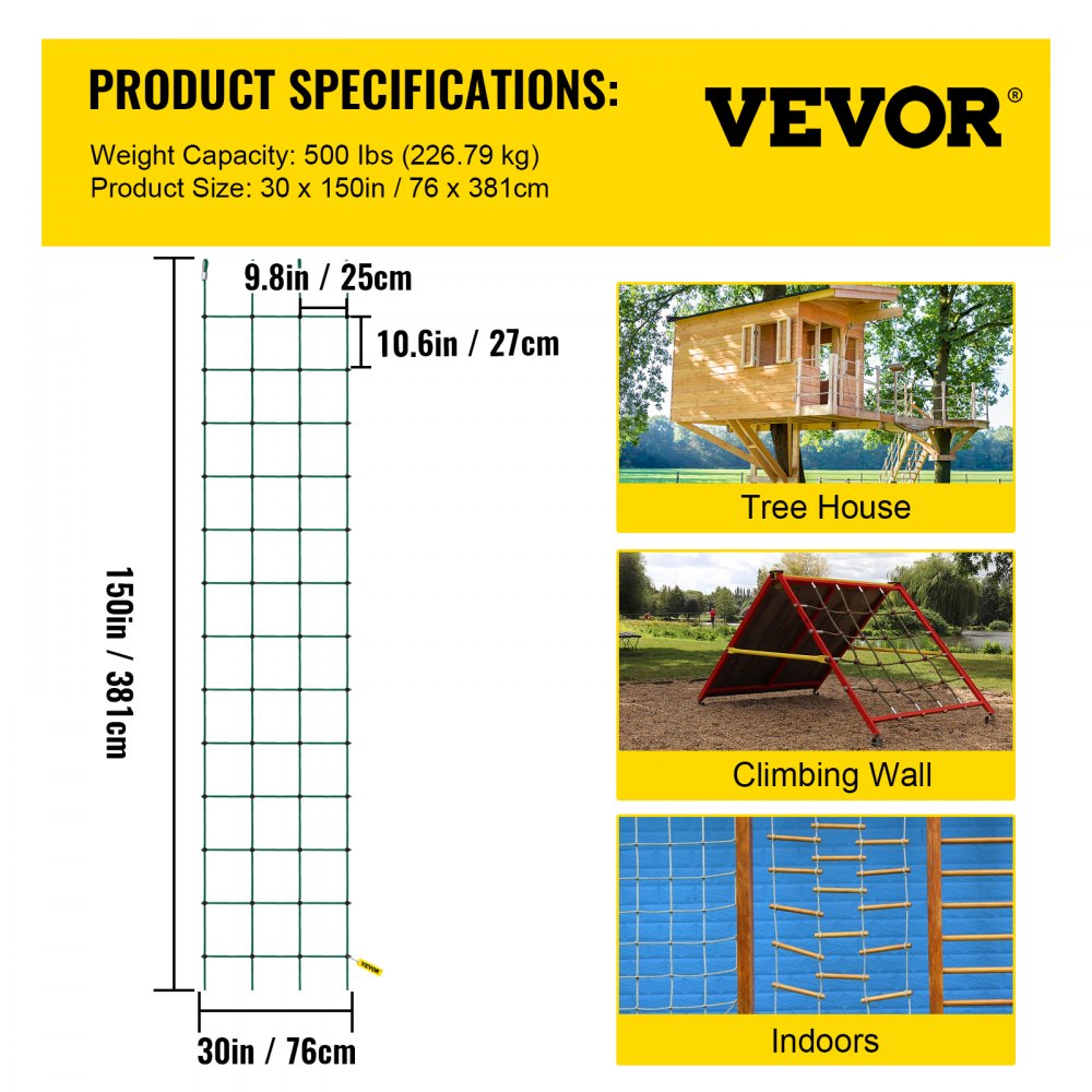 VEVOR Climbing Cargo Net, 30" x 150" Climbing Net, Polyester Playground Climbing Cargo Net, Rope Ladder, Swingset, Large Military Climbing Cargo Net for Kid & Adult, Indoor & Outdoor, Treehouse, Green