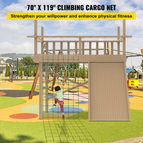 VEVOR Climbing Cargo Net, 70" x 119" Climbing Net, Polyester Playground Climbing Cargo Net, Rope Ladder, Swingset, Large Military Climbing Cargo Net for Kids & Adult, Indoor & Outdoor,Treehouse, Green