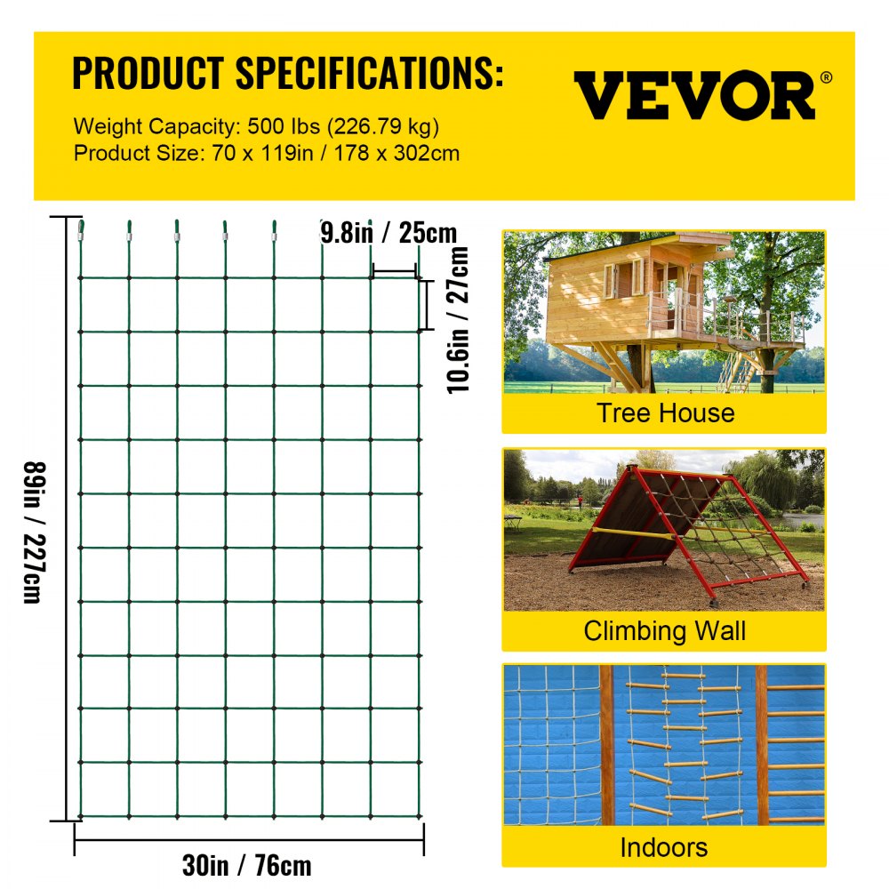 VEVOR Climbing Cargo Net, 70" x 119" Climbing Net, Polyester Playground Climbing Cargo Net, Rope Ladder, Swingset, Large Military Climbing Cargo Net for Kids & Adult, Indoor & Outdoor,Treehouse, Green
