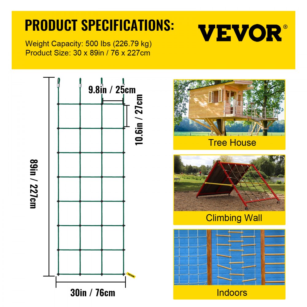 VEVOR Climbing Cargo Net, 30" x 89" Climbing Net, Polyester Playground Climbing Cargo Net, Rope Ladder, Swingset, Large Military Climbing Cargo Net for Kids & Adult, Indoor & Outdoor, Treehouse, Green