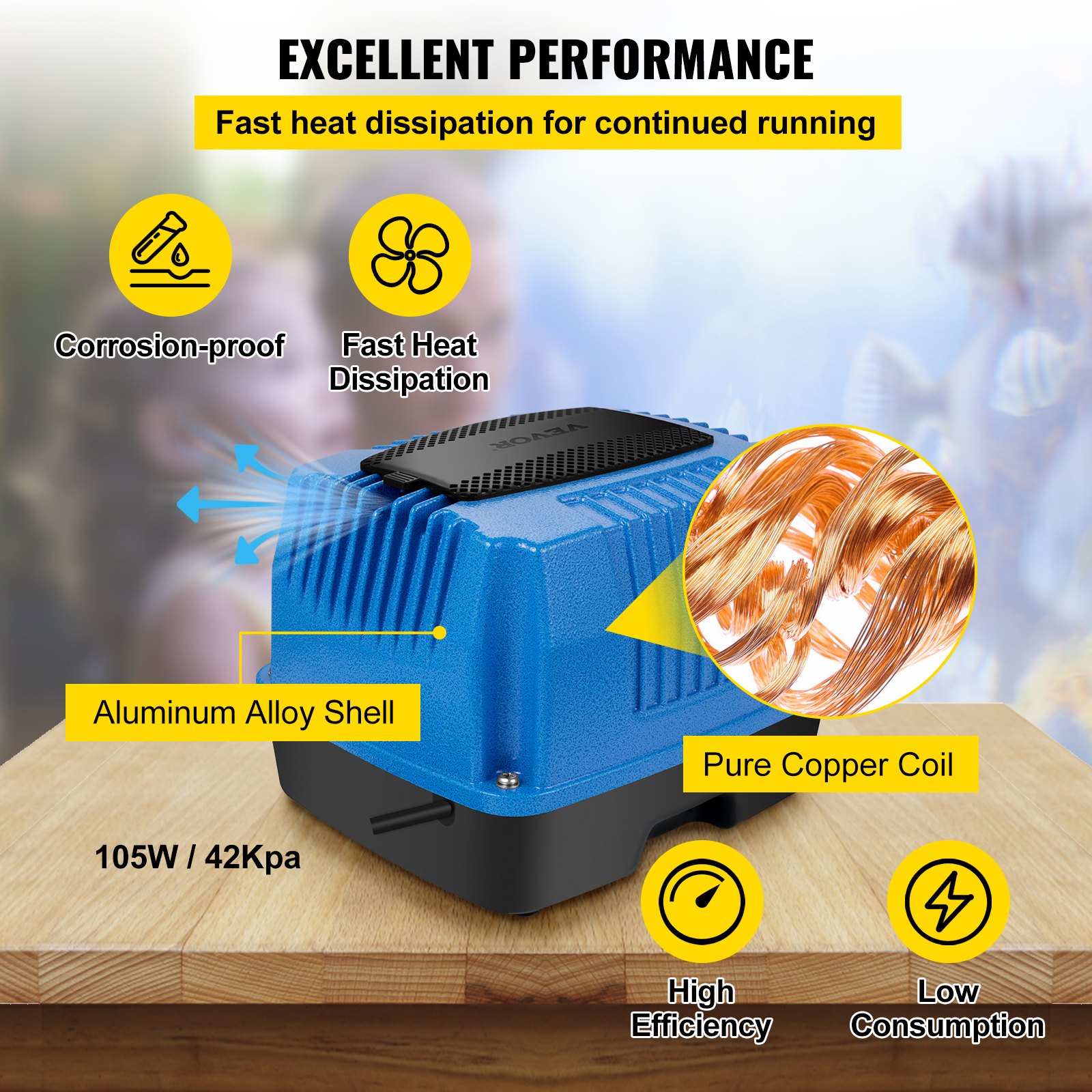 VEVOR Linear Air Pump, 105W/110V Septic Air Pump, 42Kpa Septic Aerator Pump w/46 Outlets Diffuser, Max Air Flow Rate 2550GPH, Max Water Depth 13ft for Fish Pond, Aquarium, Hydroponics, Septic System