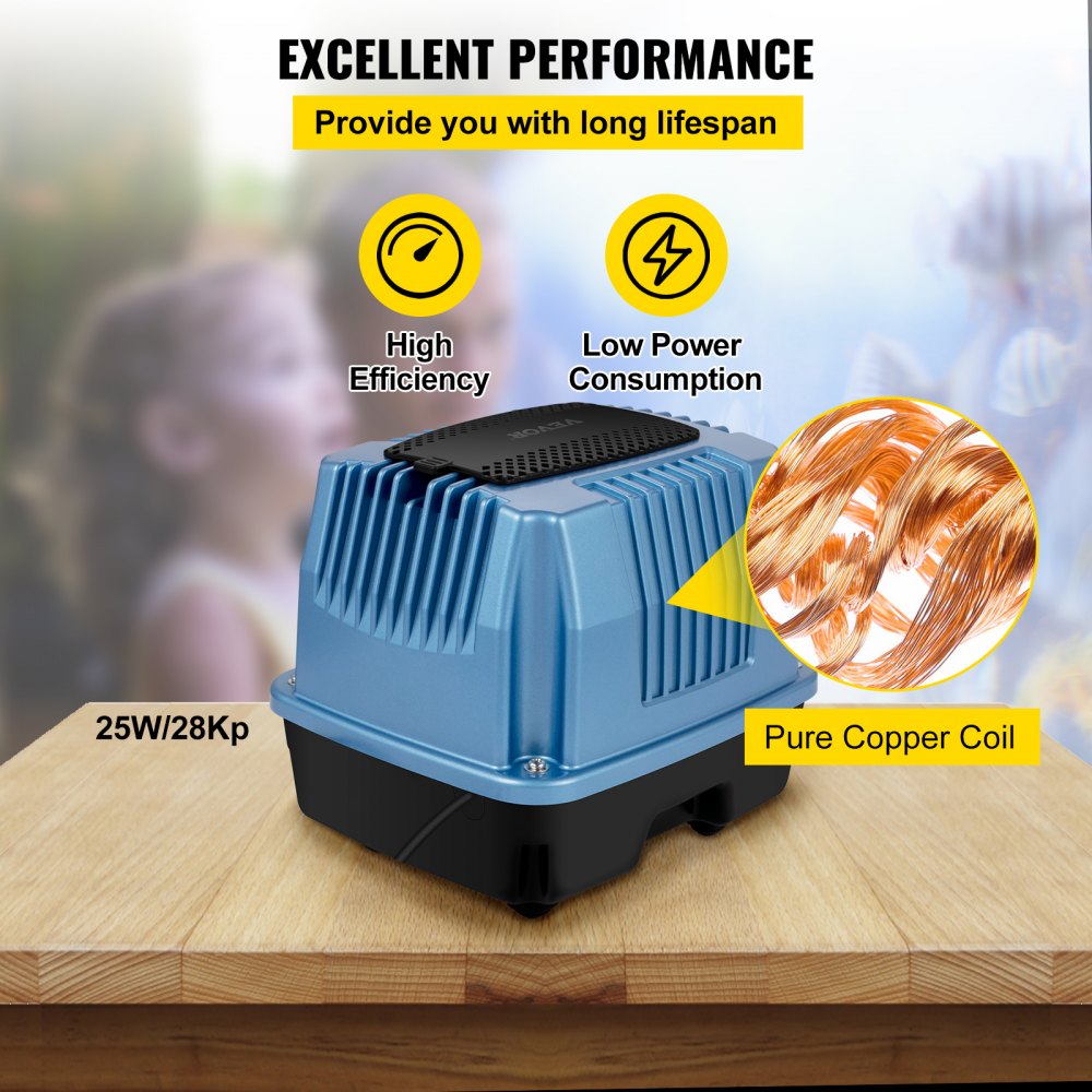 Bomba de aire lineal VEVOR, bomba de aire séptica de 25 W/110 V, bomba de aireador séptico de 28 Kpa con difusor de 8 salidas, caudal de aire máximo 635 GPH, profundidad máxima de agua de 3.3 pies para estanque de peces, acuario, hidroponía, sistema séptico
