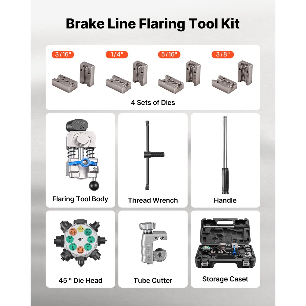 VEVOR Professional Brake Line Flaring Tool, 45 Degree Double Flare Bubble Flare Tool Kit for 4.76mm, 6.35mm, 7.94mm, 9.52mm Copper Aluminum Thin Steel Tubes