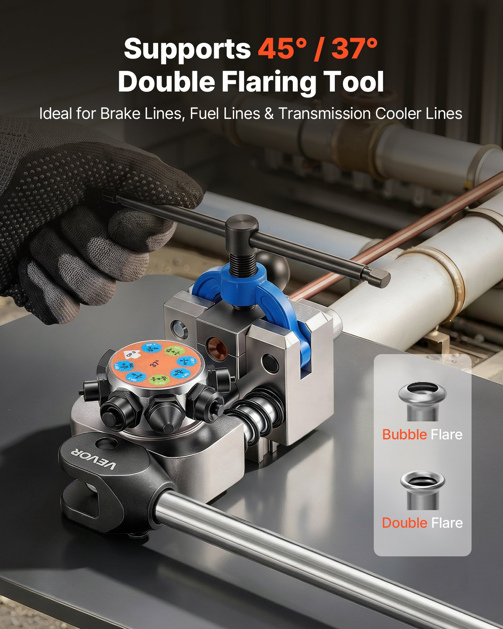 VEVOR Professional Brake Line Flaring Tool, 45 & 37 Degree Double Flare Bubble Flare Tool Kit for 4.76mm, 6.35mm, 7.94mm, 9.52mm Copper Aluminum Thin Steel Tubes