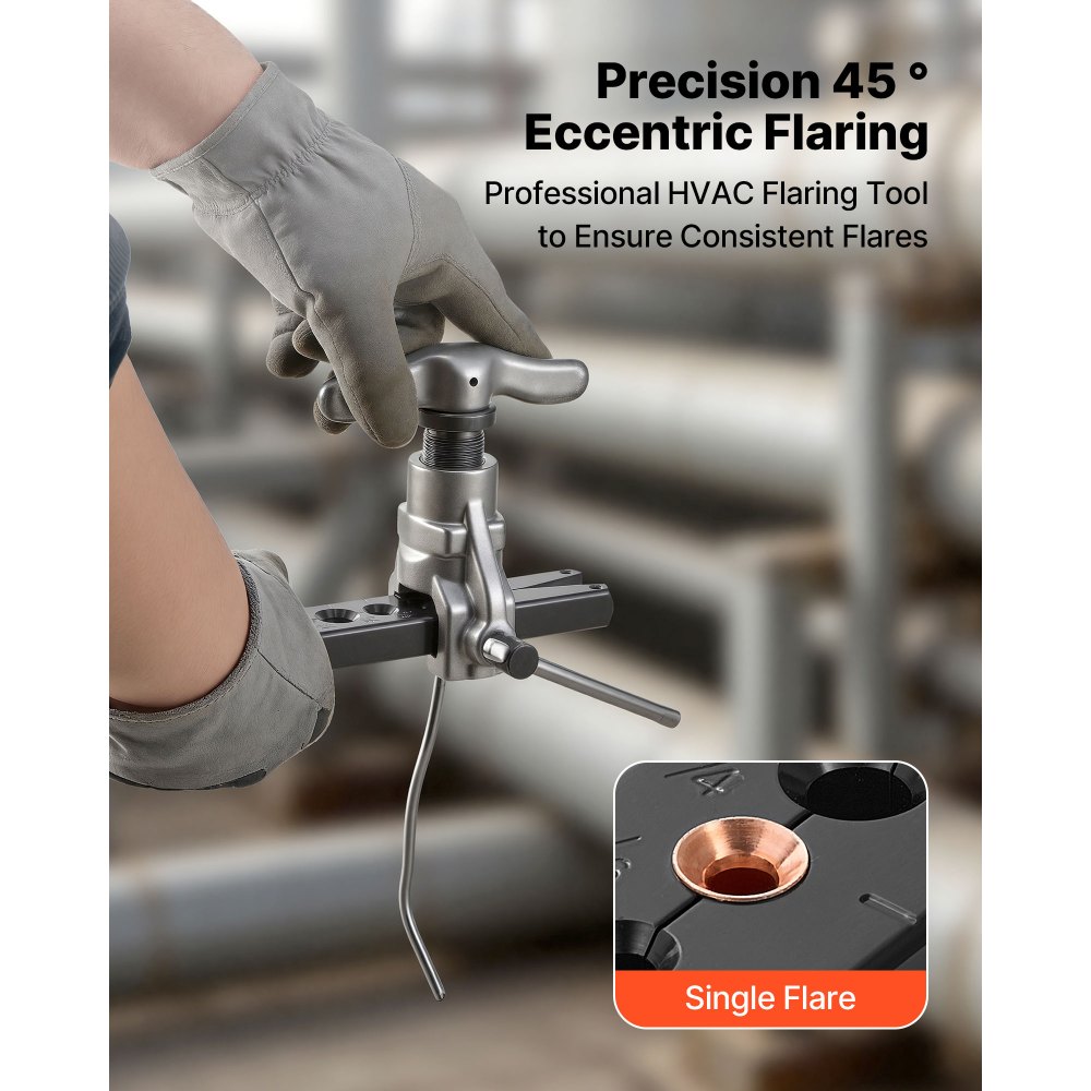 VEVOR Flaring Tool HVAC, 45° Eccentric Single Flaring Tool for 3/16" - 3/4" Copper Aluminum Tubes, Copper Pipe Flare Tool Kit for Refrigeration Air Conditioner Repair - Toolbox Included