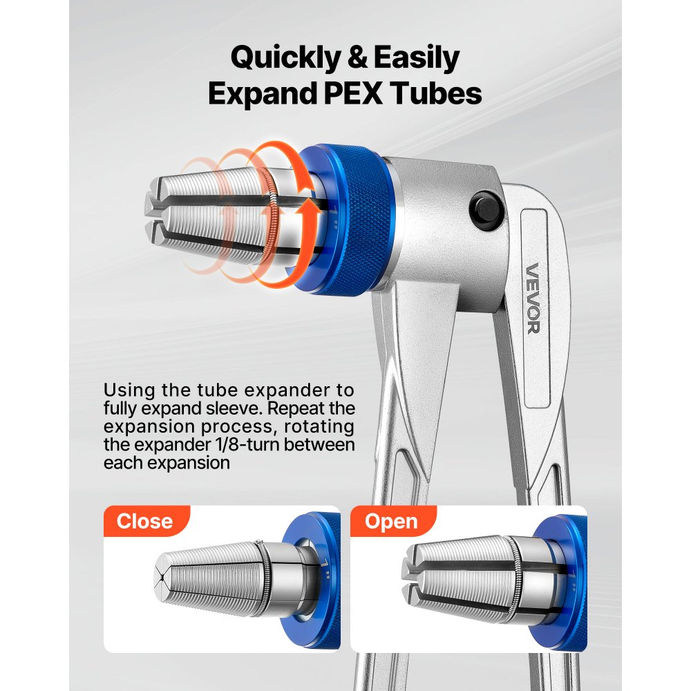 VEVOR PEX Pipe Expander Tool Kit, Manual Tubing Expansion Tool for 9.52mm 12.7mm 19mm 25.4mm PEX Pipes - with 4 Expanding Heads, Pipe Cutter & Toolbox for Radiant Heating & Water Plumbing System