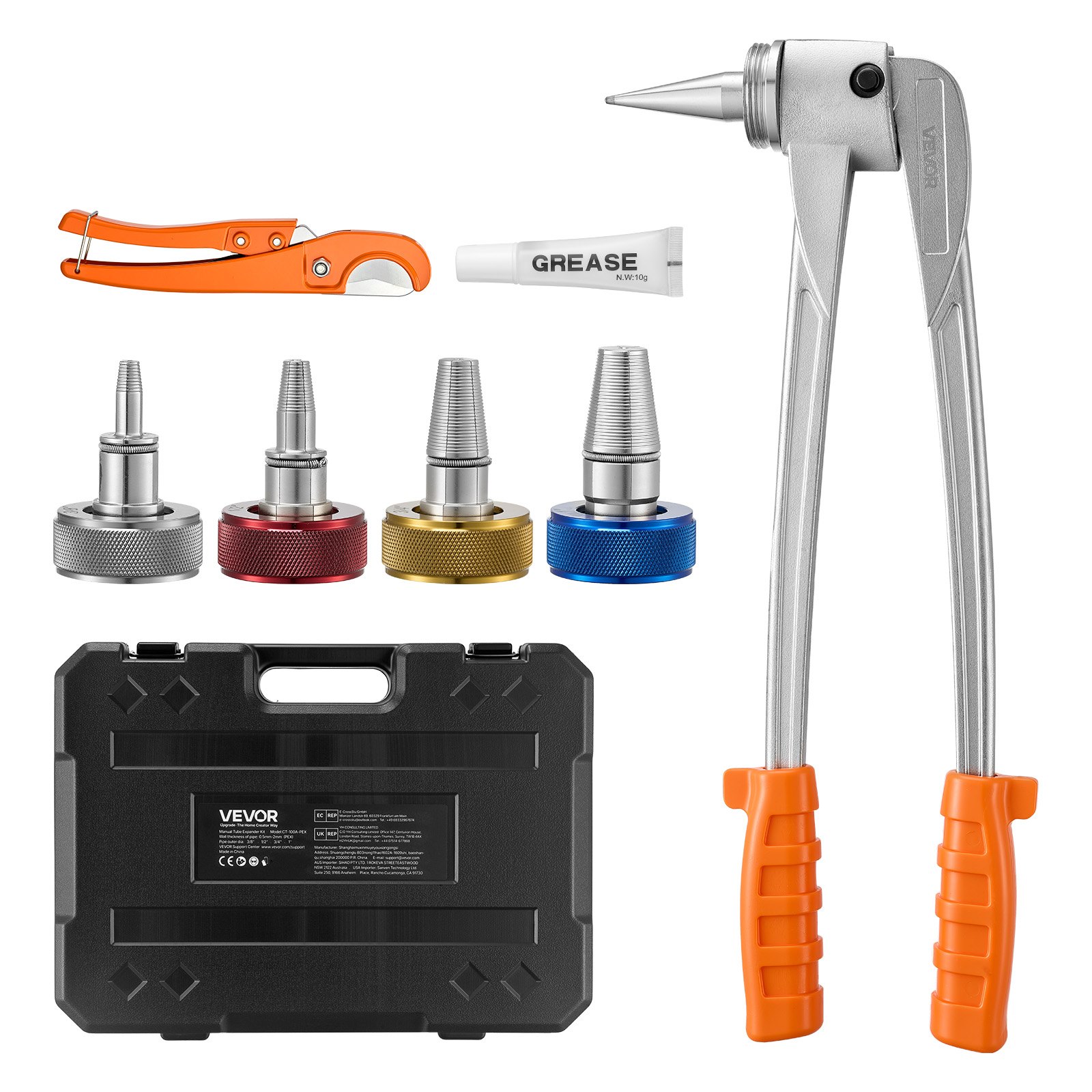 VEVOR PEX Pipe Expander Tool Kit, Manual Tubing Expansion Tool for 9.52mm 12.7mm 19mm 25.4mm PEX Pipes - with 4 Expanding Heads, Pipe Cutter & Toolbox for Radiant Heating & Water Plumbing System