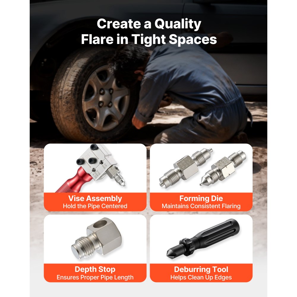 VEVOR Brake Line Flaring Tool Kit, 45° Single & Double Flare Tool for 4.75mm, 6.35mm Copper Tubing - with 2 Forming Dies, Deburring Tool & Toolbox for Automotive Brake Hydraulic Line Repair