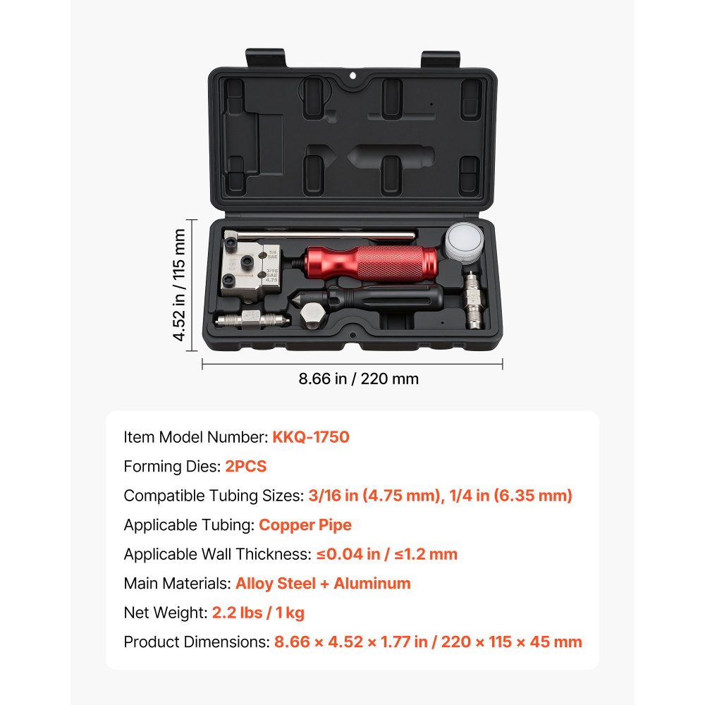 VEVOR Brake Line Flaring Tool Kit, 45° Single & Double Flare Tool for 4.75mm, 6.35mm Copper Tubing - with 2 Forming Dies, Deburring Tool & Toolbox for Automotive Brake Hydraulic Line Repair