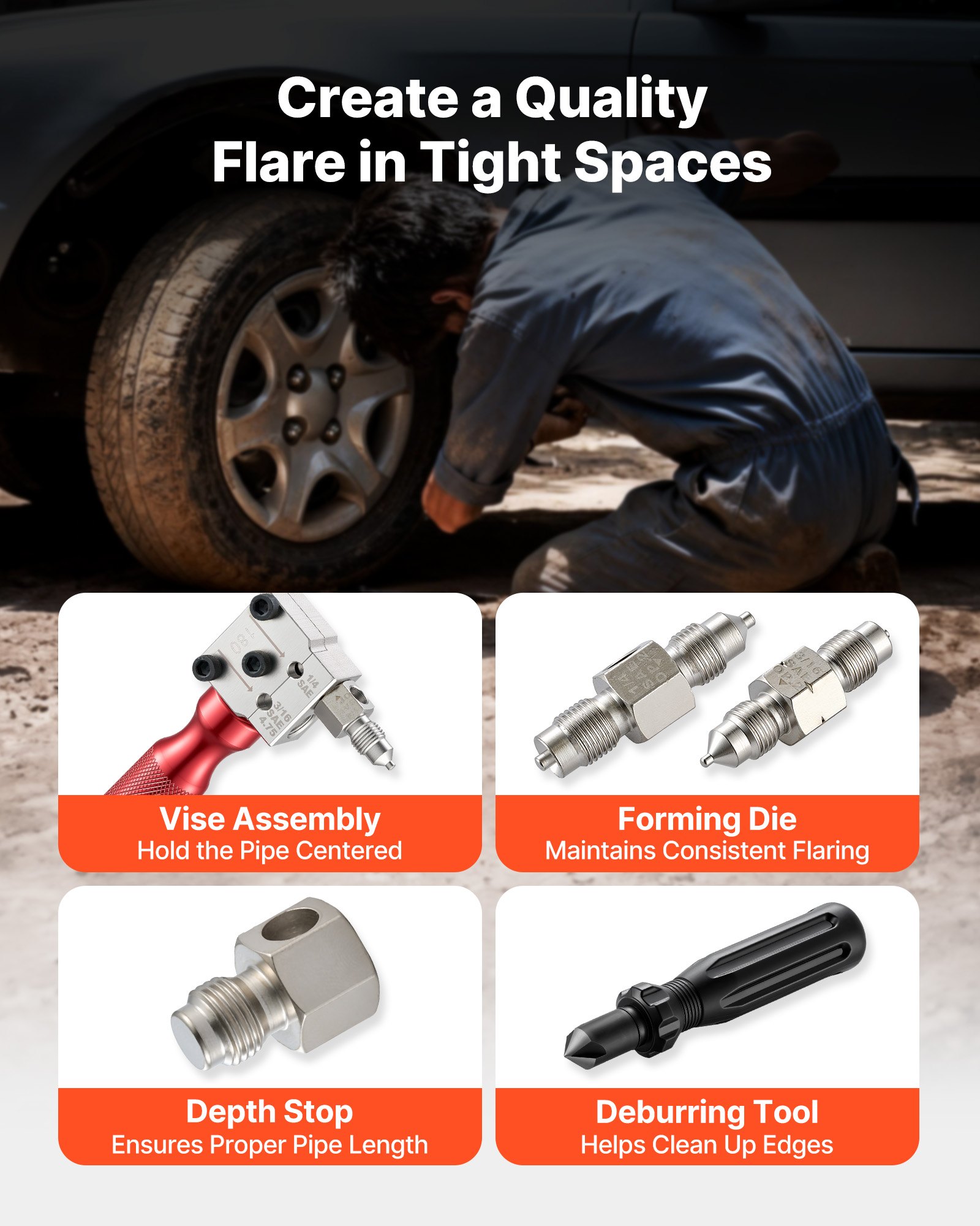 VEVOR Brake Line Flaring Tool Kit, 45° Single & Double Flare Tool for 4.75mm, 6.35mm Copper Tubing - with 2 Forming Dies, Deburring Tool & Toolbox for Automotive Brake Hydraulic Line Repair