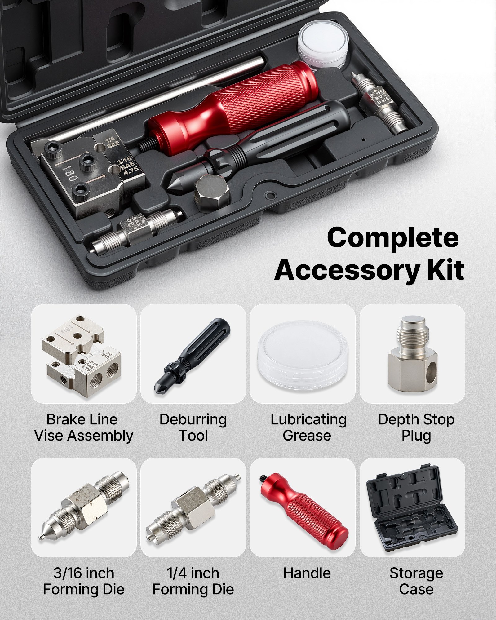 VEVOR Brake Line Flaring Tool Kit, 45° Single & Double Flare Tool for 4.75mm, 6.35mm Copper Tubing - with 2 Forming Dies, Deburring Tool & Toolbox for Automotive Brake Hydraulic Line Repair