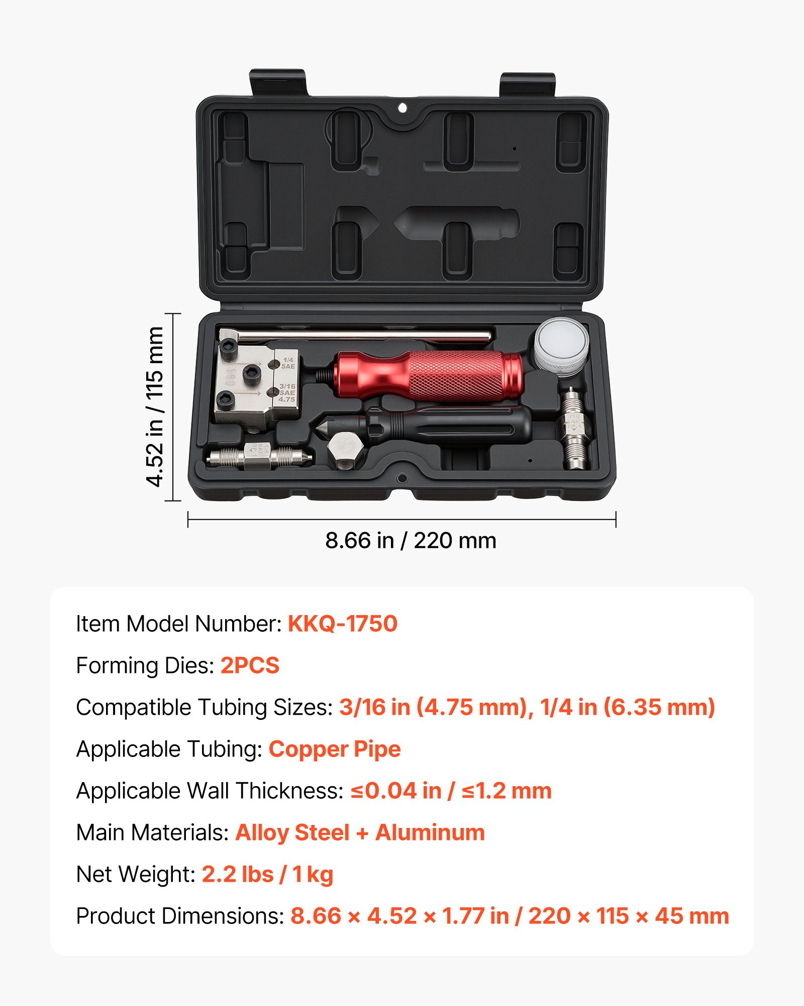 VEVOR Brake Line Flaring Tool Kit, 45° Single & Double Flare Tool for 4.75mm, 6.35mm Copper Tubing - with 2 Forming Dies, Deburring Tool & Toolbox for Automotive Brake Hydraulic Line Repair