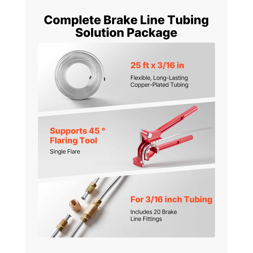 VEVOR Brake Line Repair Kit, 45° Single Brake Line Flaring Tool Kit, 7.6m x 4.76mm Copper-Coated Brake Line with 20 Fittings & 2 Unions, 3-in-1 Tube Bender, Tube Cutter Included
