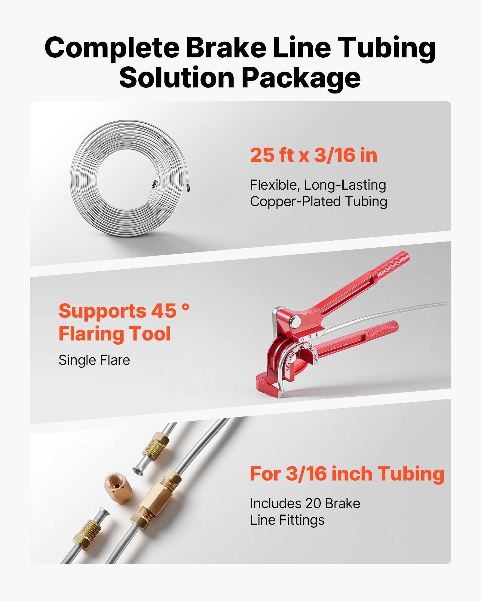 VEVOR Brake Line Repair Kit, 45° Single Brake Line Flaring Tool Kit, 7.6m x 4.76mm Copper-Coated Brake Line with 20 Fittings & 2 Unions, 3-in-1 Tube Bender, Tube Cutter Included