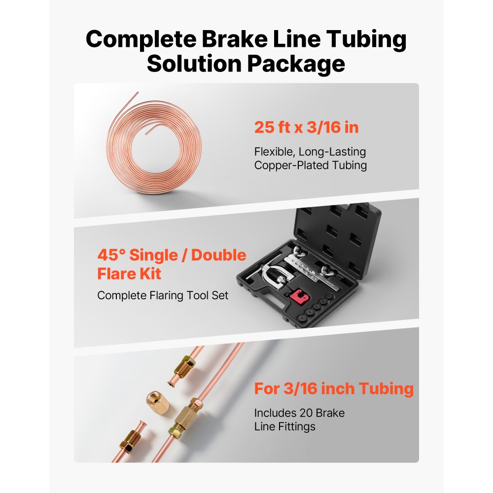 VEVOR Brake Line Repair Kit, 45° Double & Single Brake Line Flaring Tool Kit, 7.6m x 4.76mm Copper Coated Brake Line (with 16 Fittings & 4 Unions) - Tube Cutter, 5 Adapters and Toolbox Included