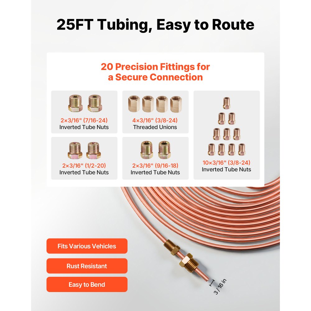 VEVOR Brake Line Repair Kit, 45° Double & Single Brake Line Flaring Tool Kit, 7.6m x 4.76mm Copper Coated Brake Line (with 16 Fittings & 4 Unions) - Tube Cutter, 5 Adapters and Toolbox Included