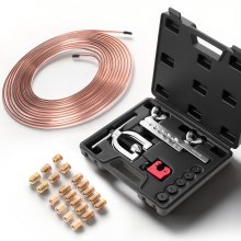 VEVOR 3/16" Brake Line Repair Kit, 45° Double & Single Brake Line Flaring Tool Kit, 25FT Copper Coated Brake Line (with 16 Fittings & 4 Unions) - Tube Cutter, 5 Adapters and Toolbox Included