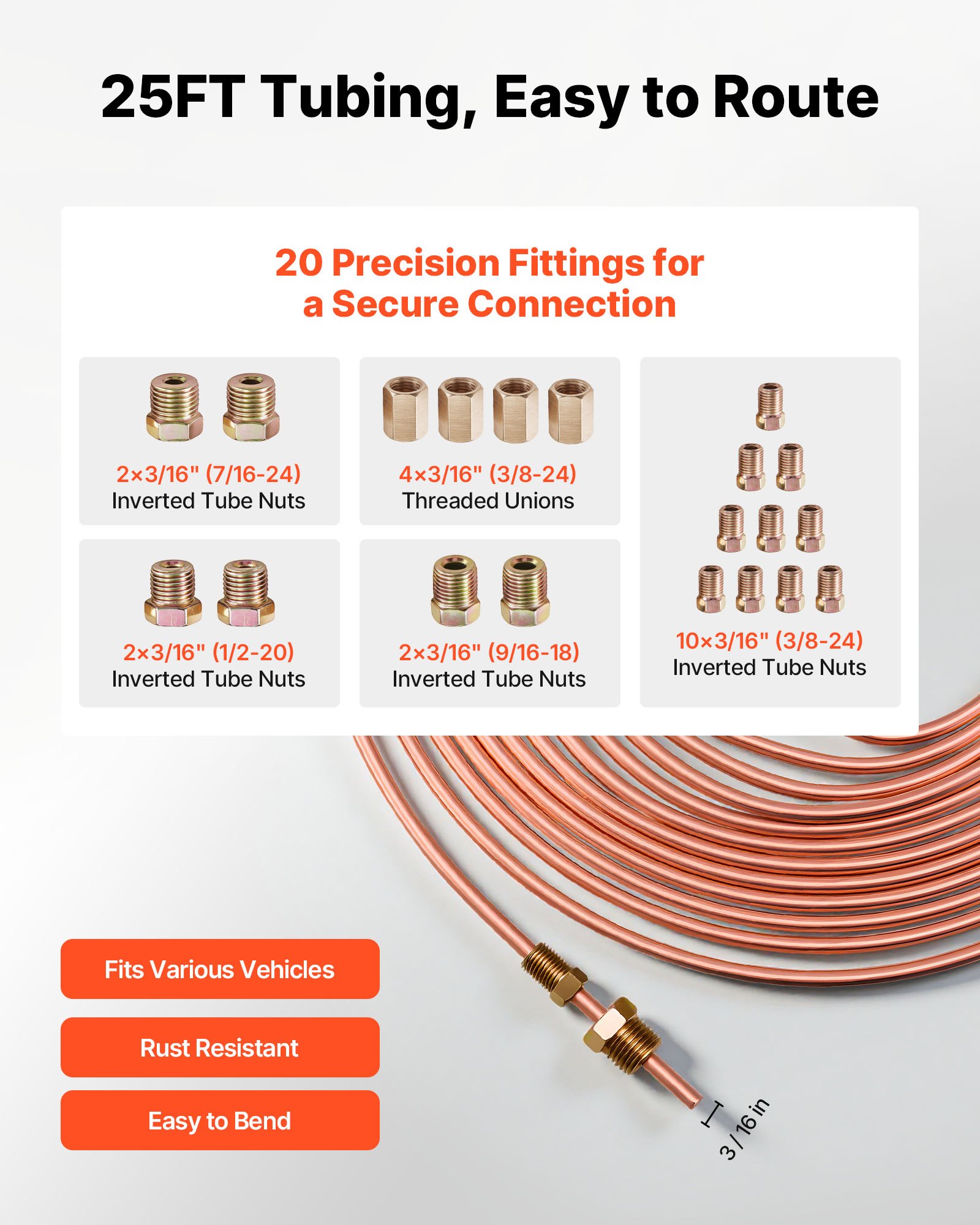 VEVOR Brake Line Repair Kit, 45° Double & Single Brake Line Flaring Tool Kit, 7.6m x 4.76mm Copper Coated Brake Line (with 16 Fittings & 4 Unions) - Tube Cutter, 5 Adapters and Toolbox Included