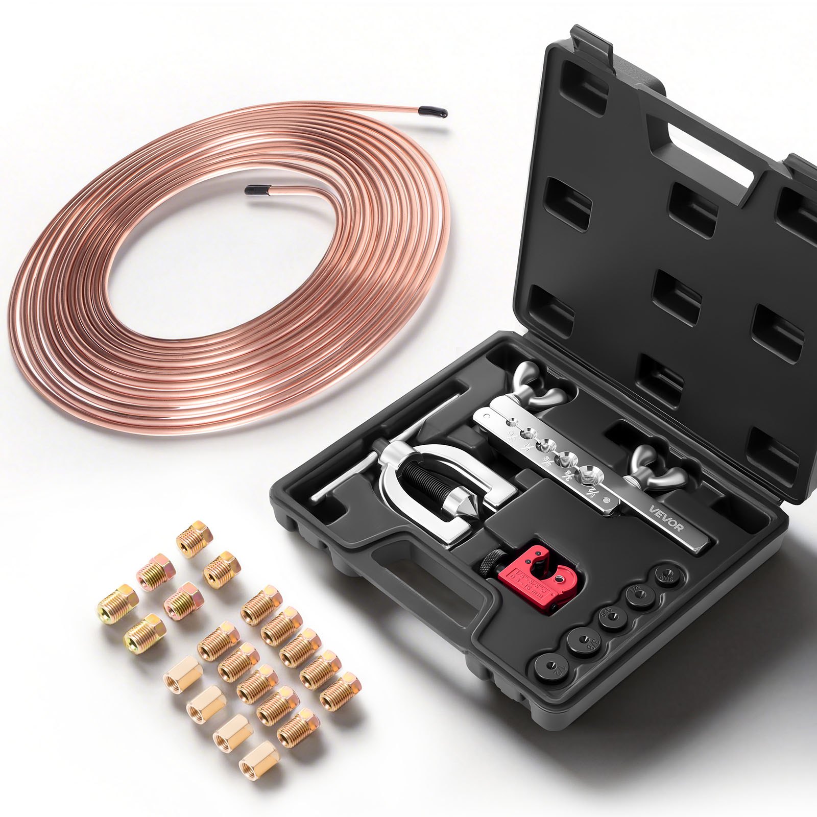 VEVOR Brake Line Repair Kit, 45° Double & Single Brake Line Flaring Tool Kit, 7.6m x 4.76mm Copper Coated Brake Line (with 16 Fittings & 4 Unions) - Tube Cutter, 5 Adapters and Toolbox Included