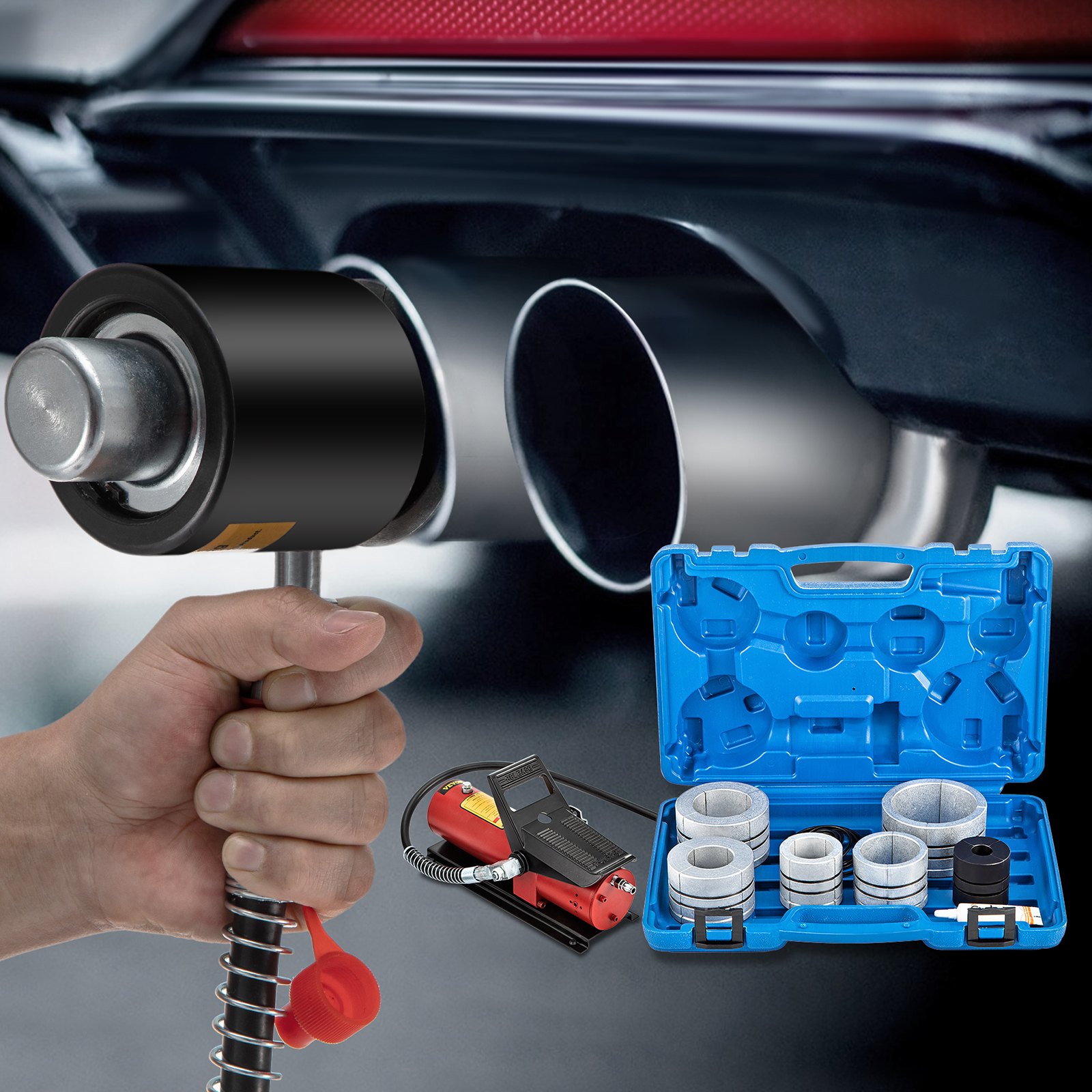 VEVOR Hydraulic Exhaust Pipe Expander, 4.1 to 10.8 cm Size, 10 T Pedal Pump Included with 4 Dies, 2 Storage Cases for Copper Aluminum Tubes in Car Repairing