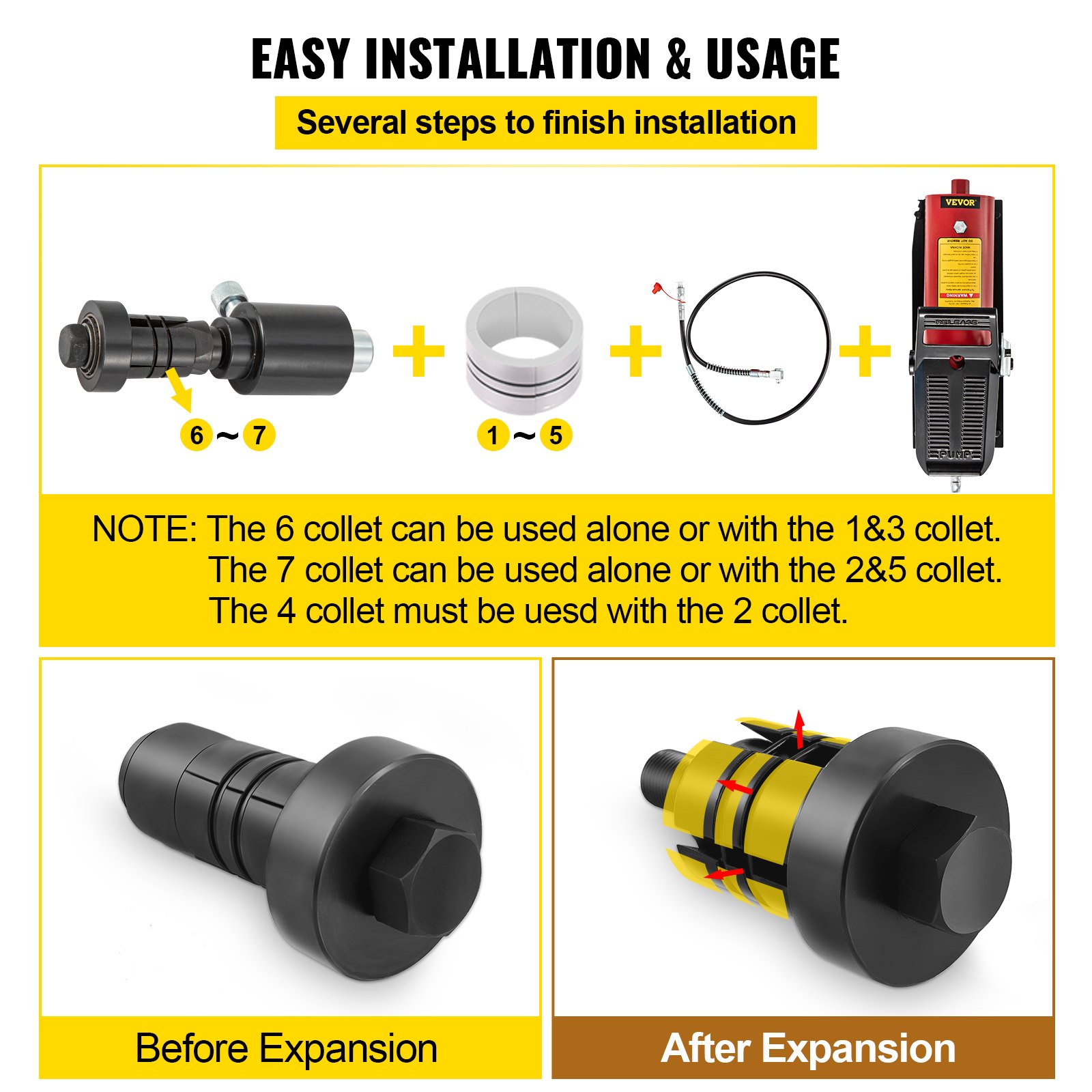 VEVOR Hydraulic Exhaust Pipe Expander, 4.1 to 10.8 cm Size, 10 T Pedal Pump Included with 4 Dies, 2 Storage Cases for Copper Aluminum Tubes in Car Repairing