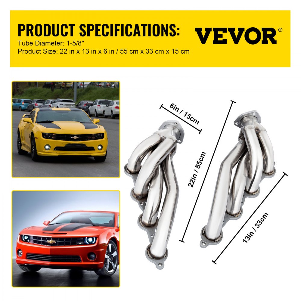 VEVOR Exhaust Header Set 1 5/8" Exhaust Turbo Headers Stainless Steel LS Swap Exhaust Headers, Engine Conversion LS Swap Shorty Headers for Chevy LS1 LS2 LS3 LS6 LS7 SUV, Camaro Firebird Truck