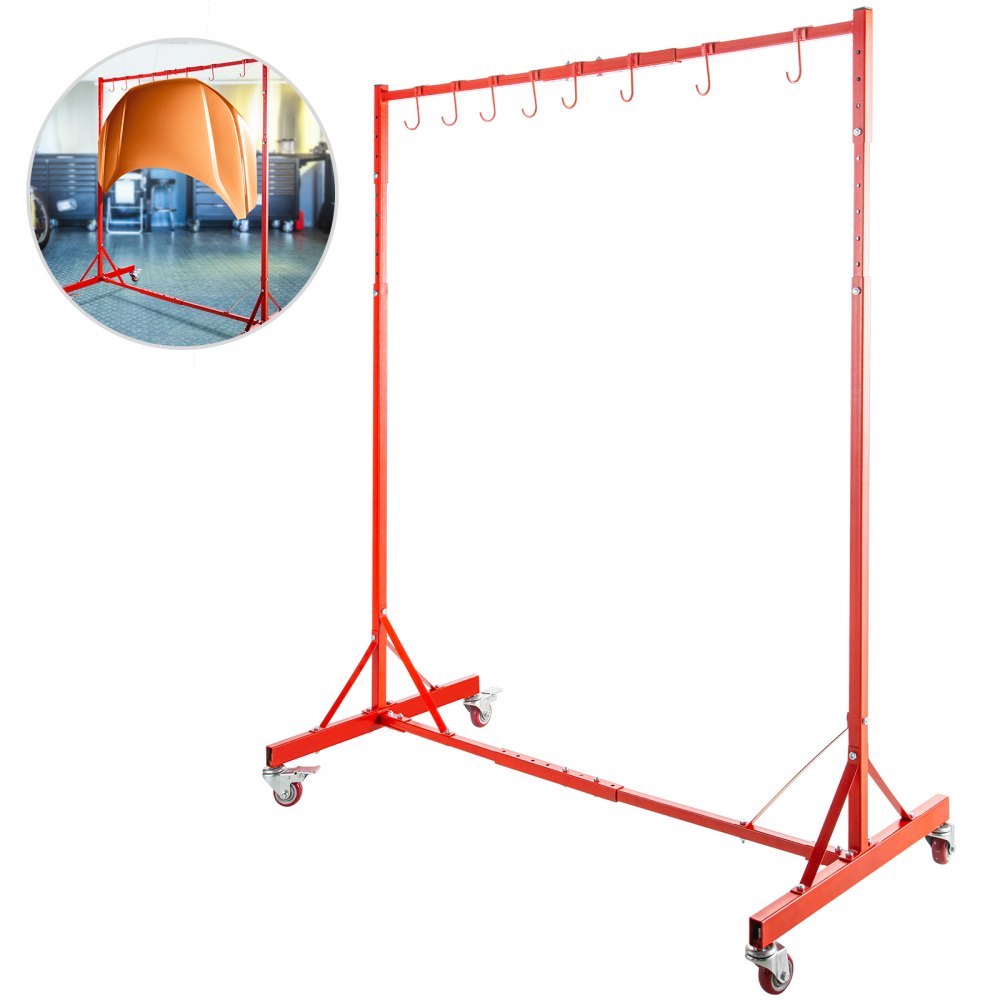 VEVOR Painting Rack 5ft-7ft Adjustable Height, Automotive Paint Stand 8 Hooks, Auto Body Stand for Hoods Doors, Painting Drying Rack w/ 4 Swiveling Wheels, Paint Rack Stand, Automotive Tool, Red