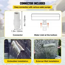 VEVOR Pool Fountain Stainless Steel Pool Waterfall Spillway with Pipe Connector Rectangular Garden Outdoor (11.8")