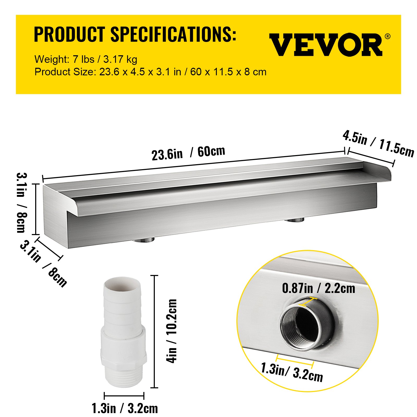 VEVOR pool fountain dimensions and components with labeled measurements and connectors.
