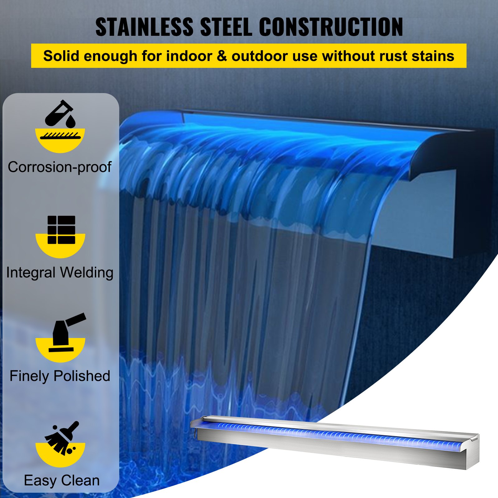 VEVOR Swimming Pool Waterfall Spillway 120x11.5x8 cm Stainless Steel Swimming Pool Waterfall Fountain with Colorful LED Strip, Hose Connector, Remote Control, Corrosion Resistant for Pond, Outdoor Garden