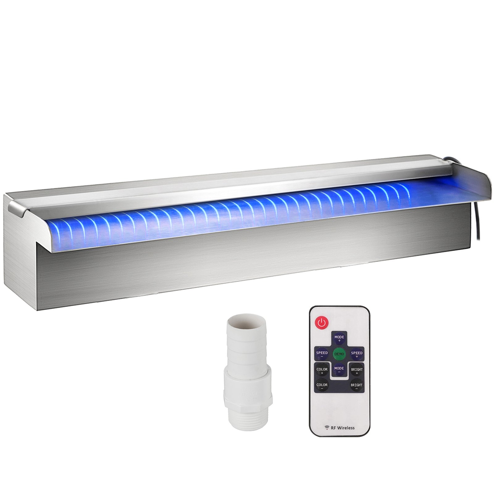 VEVOR Swimming Pool Waterfall Spillway 30x11.5x8 cm Stainless Steel Swimming Pool Waterfall Fountain with Colorful LED Strip, Hose Connector, Remote Control, Corrosion Resistant for Pond, Outdoor Garden