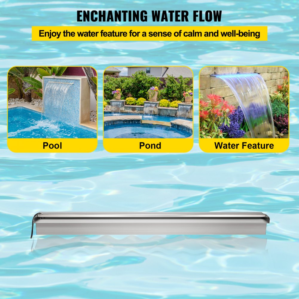 VEVOR Pool Fountain Stainless Steel Pool Waterfall 35.4\" x 4.5\" x 3.1\"(W x D x H) with LED Strip Light Waterfall Spillway with Pipe Connector Rectangular Garden Outdoor