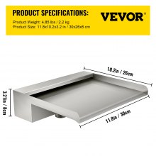 VEVOR Waterfall Blade, 30cm Stainless Steel Waterfall Spillway, Rectangular Waterfall Pool Fountain, Cascade Blade w/ Connector, Hose, Clamp & PTFE Tape, Water Blade for Koi Fish Pond, Water Feature