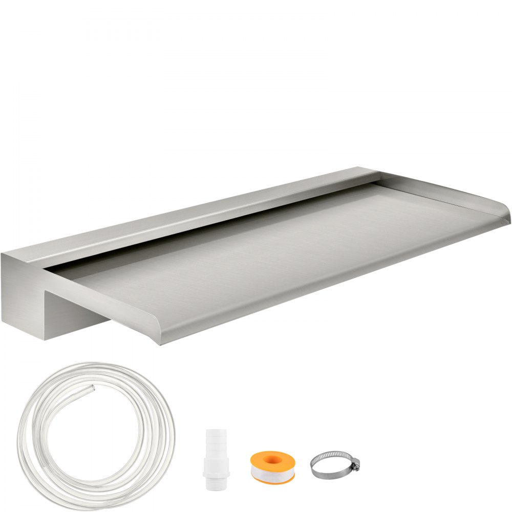 VEVOR Waterfall Blade, 60cm Stainless Steel Waterfall Spillway, Rectangular Waterfall Pool Fountain, Cascade Blade w/ Connector, Hose, Clamp & PTFE Tape, Water Blade for Koi Fish Pond, Water Feature