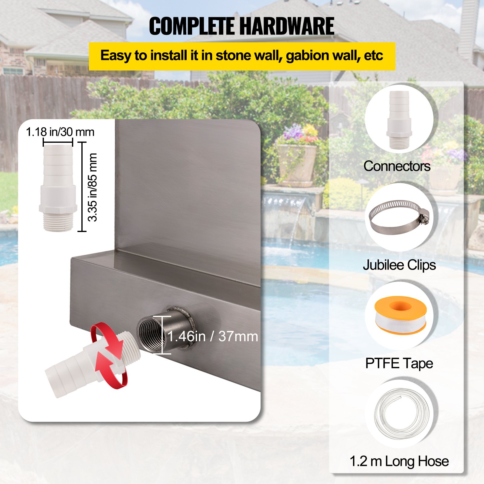 VEVOR Waterfall Blade, 60cm Stainless Steel Waterfall Spillway, Rectangular Waterfall Pool Fountain, Cascade Blade with Connector, Hose, Clamp & PTFE Tape, Water Blade for Koi Fish Pond, Water Feature