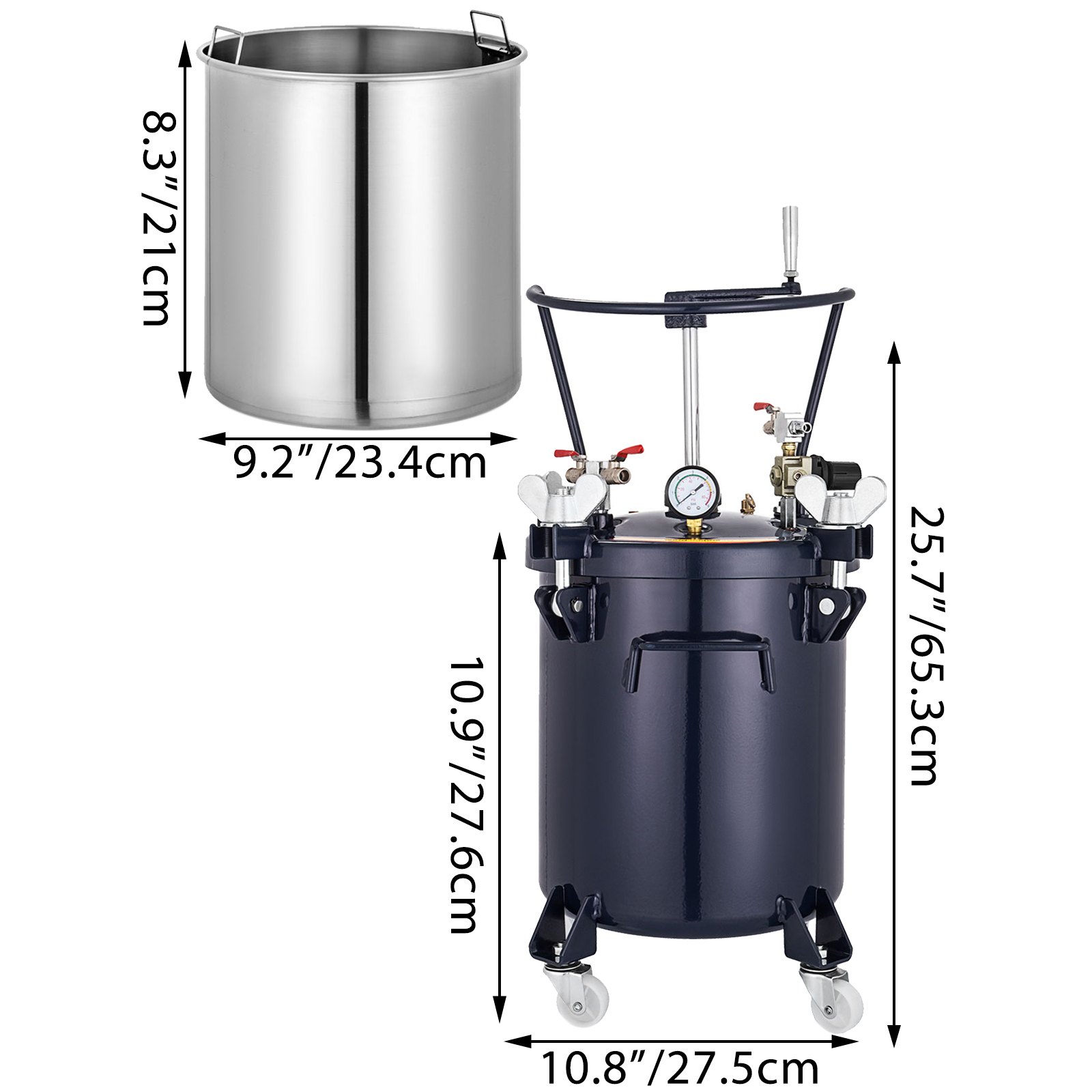 VEVOR 10L Pressure Feed Paint Pot Tank 2.5 Gallon Spray Gun Sprayer Regulator Air Agitator with Manual Mixing Agitator