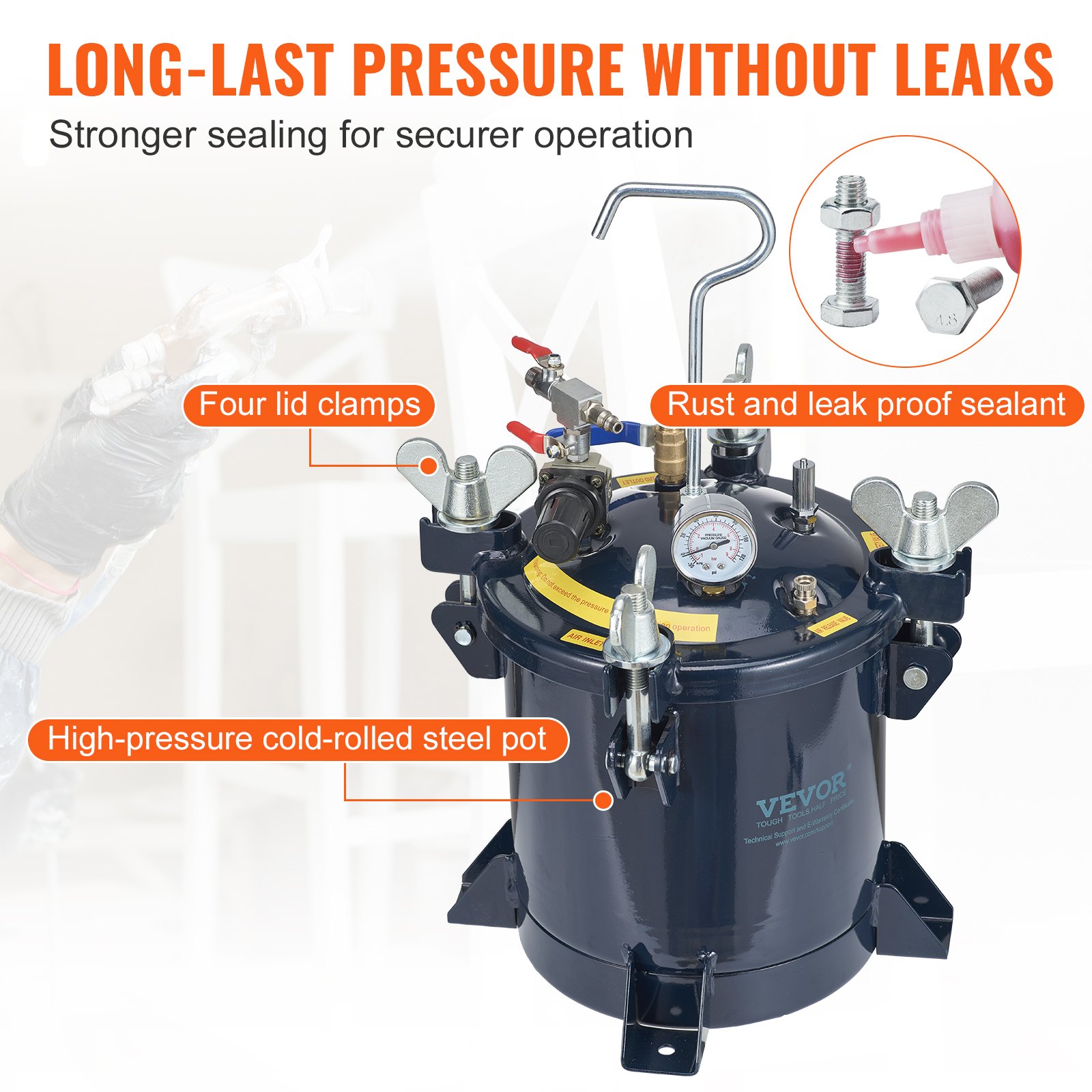 VEVOR Spray Paint Pressure Pot Tank, 10L/2.5gal Air Paint Pressure Pot, Metal Rack & Leak Repair Sealant for Industry Home Decor Architecture Construction Automotive Painting, 70PSI Max