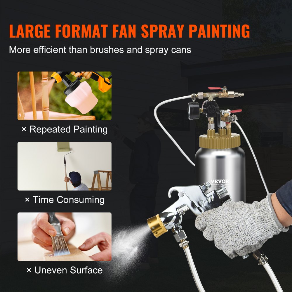 VEVOR Spray Paint Pressure Pot Tank, 2L/0.5gal Lightweight Air Paint Pressure Pot, 1.8mm Nozzle Spray Paint Gun 3m Hoses for Home Decoration Architecture Construction Automotive Painting, 45PSI Max