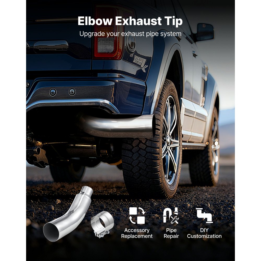 VEVOR Elbow Exhaust Tip, 101.6mm Inlet, 152.4mm Outlet, 584mm Overall Length, Chrome Turn Down Exhaust Tip with Clamp for Truck/Sedan/Sports Car/SUV, Chrome Structure for High Temperature Resistance