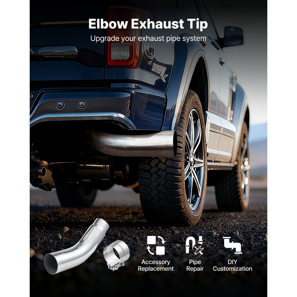 VEVOR Elbow Exhaust Tip, 127mm Inlet, 152.4mm Outlet, 584mm Overall Length, Chrome Turn Down Exhaust Tip with Clamp for Truck, Sedan, Sports Car, SUV, Chrome Structure for High Temperature Resistance