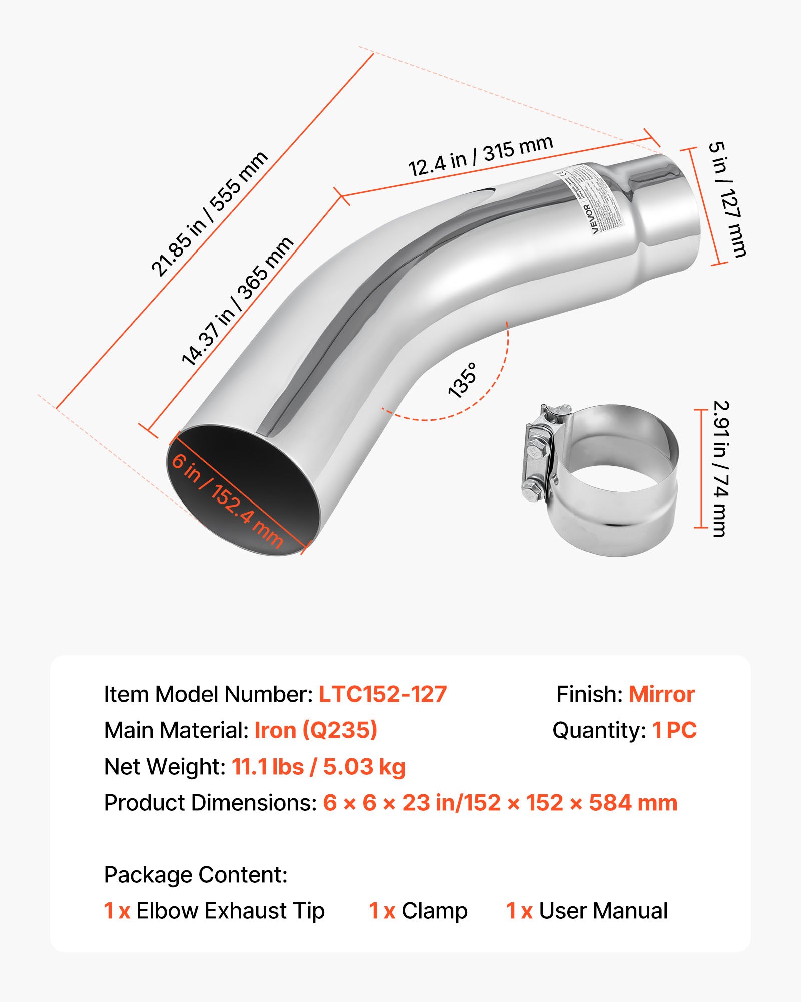 VEVOR Elbow Exhaust Tip, 127mm Inlet, 152.4mm Outlet, 584mm Overall Length, Chrome Turn Down Exhaust Tip with Clamp for Truck, Sedan, Sports Car, SUV, Chrome Structure for High Temperature Resistance